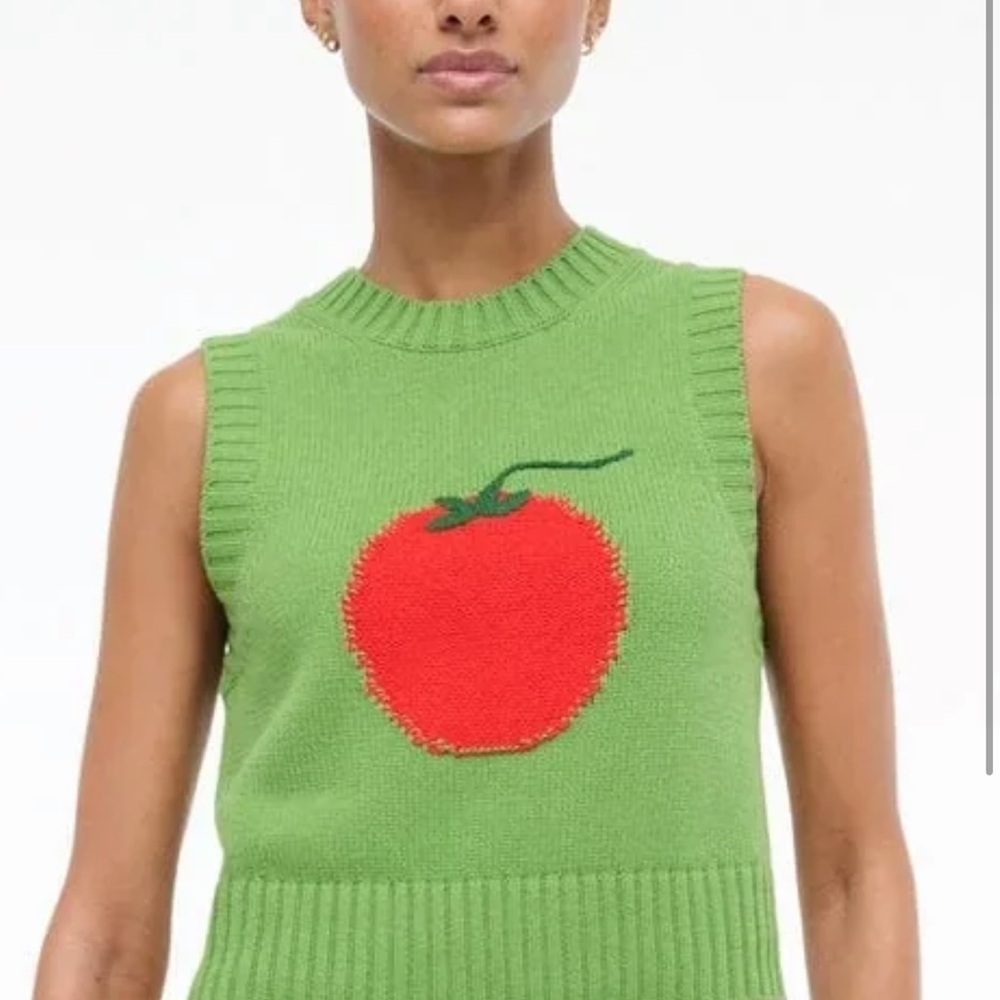 STAUD Green Pingo Sweater Top with Red Tomato Design